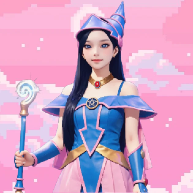 Aeonify result: a character in a blue wizard outfit on a pink sky